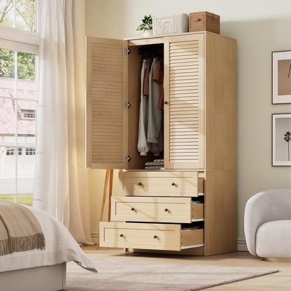 IDEALHOUSE 70" Wardrobe Armoire Wooden Closet with 2 Doors and 3 Drawers, Bedroom Armoire with Hanging Rod Shelf, Large Capacity Storage Wardrobe Armoire, Wooden Storage Cabinet, Art Deco, Natural