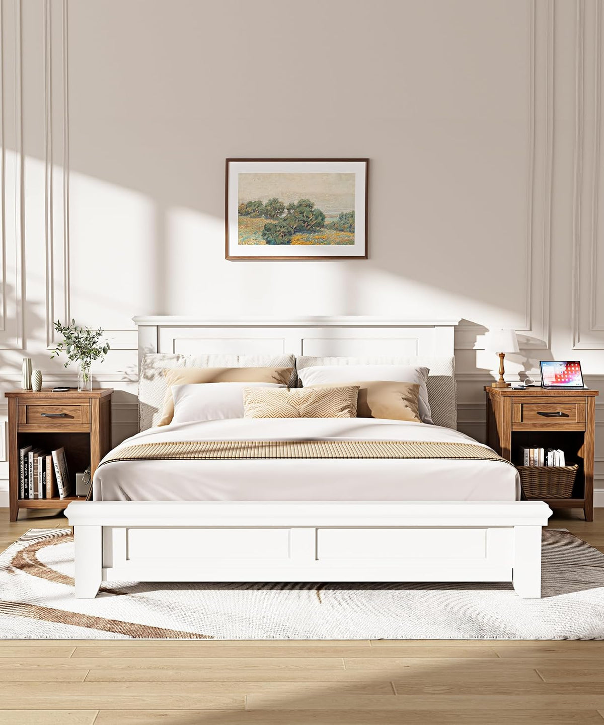 Decofy Farmhouse Nightstand Set of 2 with Charging Station, Walnut