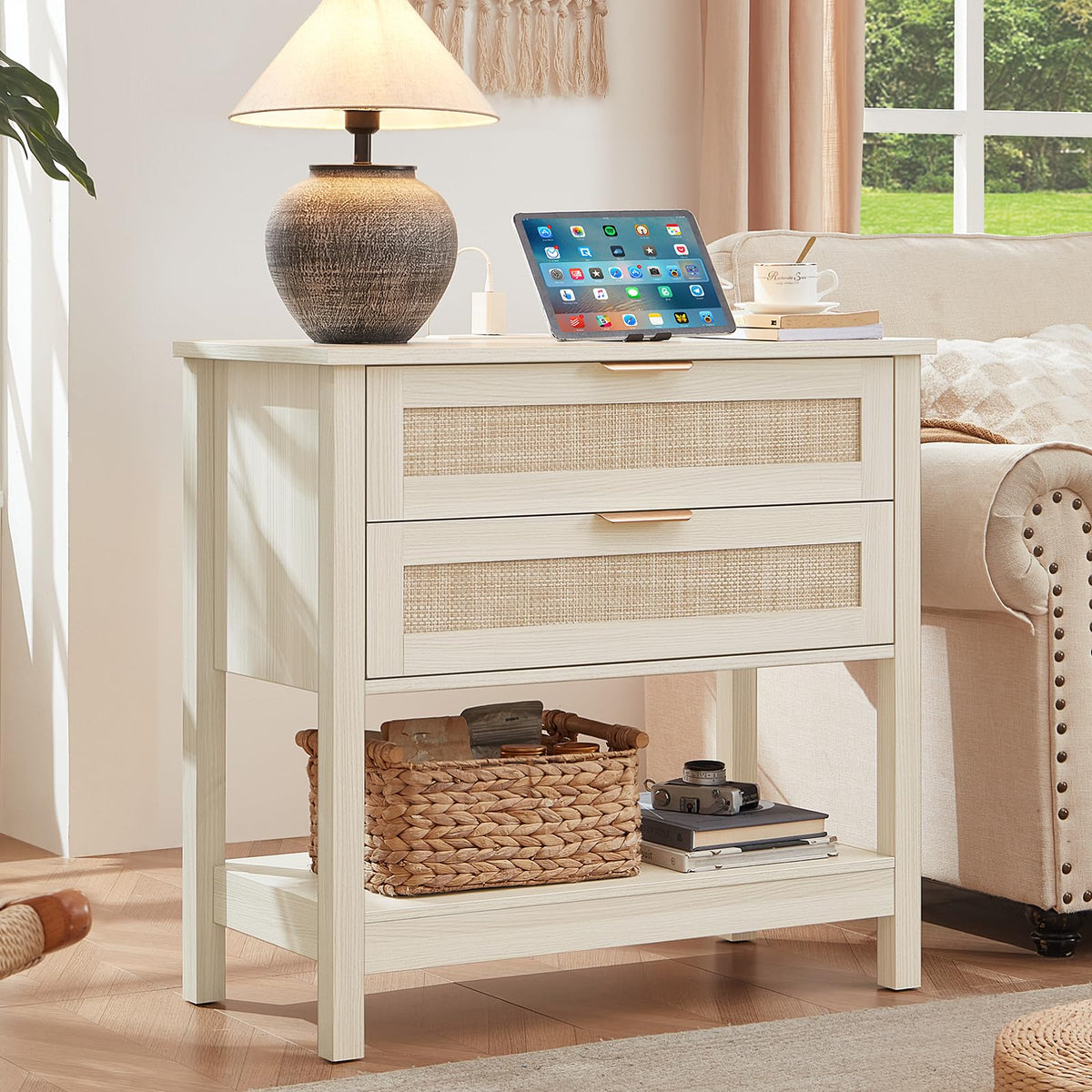 LEYAOYAO 26.8" Wide Rattan Nightstand, Large Boho 3 Drawer Night Stand