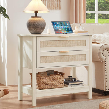 LEYAOYAO 26.8" Wide Rattan Nightstand, Large Boho 3 Drawer Night Stand