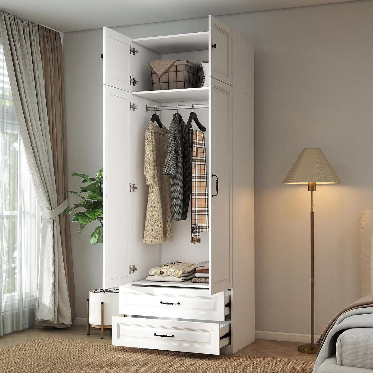 Armoire Wardrobe Closet with Drawers: 31.5" Large Wood Wardrobe Closet with 2 Doors and 2 Drawers, Modern Clothes Storage Cabinet for Bedroom Armoire with Shelves (White, 31.5")