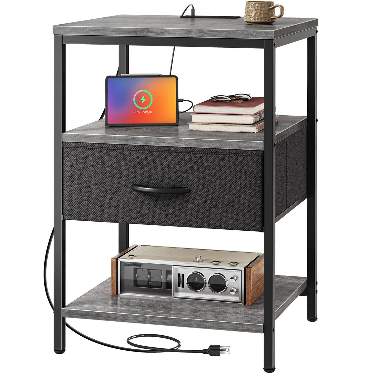 SUPERJARE Nightstand with Charging Station, USB-C Port, Bedside Table