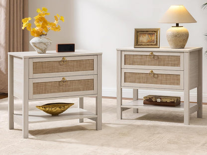 SICOTAS White Rattan Nightstand Set of 2, Wide Bedside Table with 2 Drawers