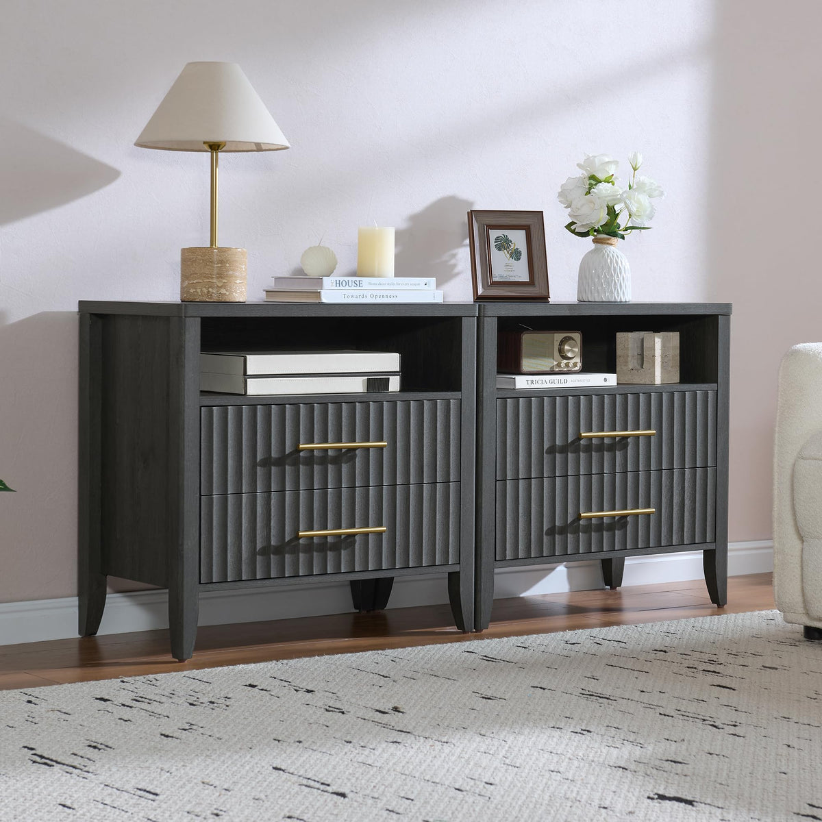 Fluted Nightstand Set of 2 with Charging Station, 23.7" Wide Modern End Table with 2 Drawers, Wooden Bedside Table for Bedroom, Curved Profile Design, Natural