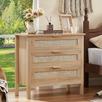 LEYAOYAO 26.8" Wide Rattan Nightstand, Large Boho 3 Drawer Night Stand