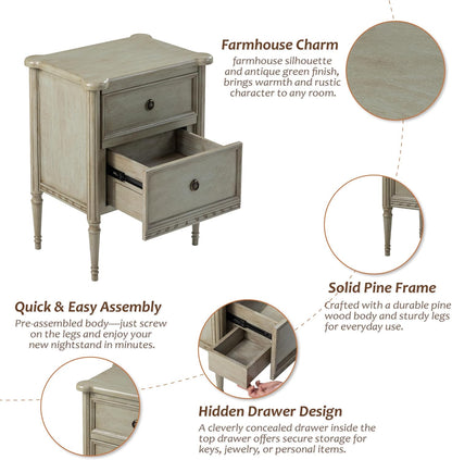 COZAYH Farmhouse 2 Drawer Nightstand with Hidden Drawer, Antique Green Finish, Solid Pine Wood with MDF Drawers, Almost Fully Assembled