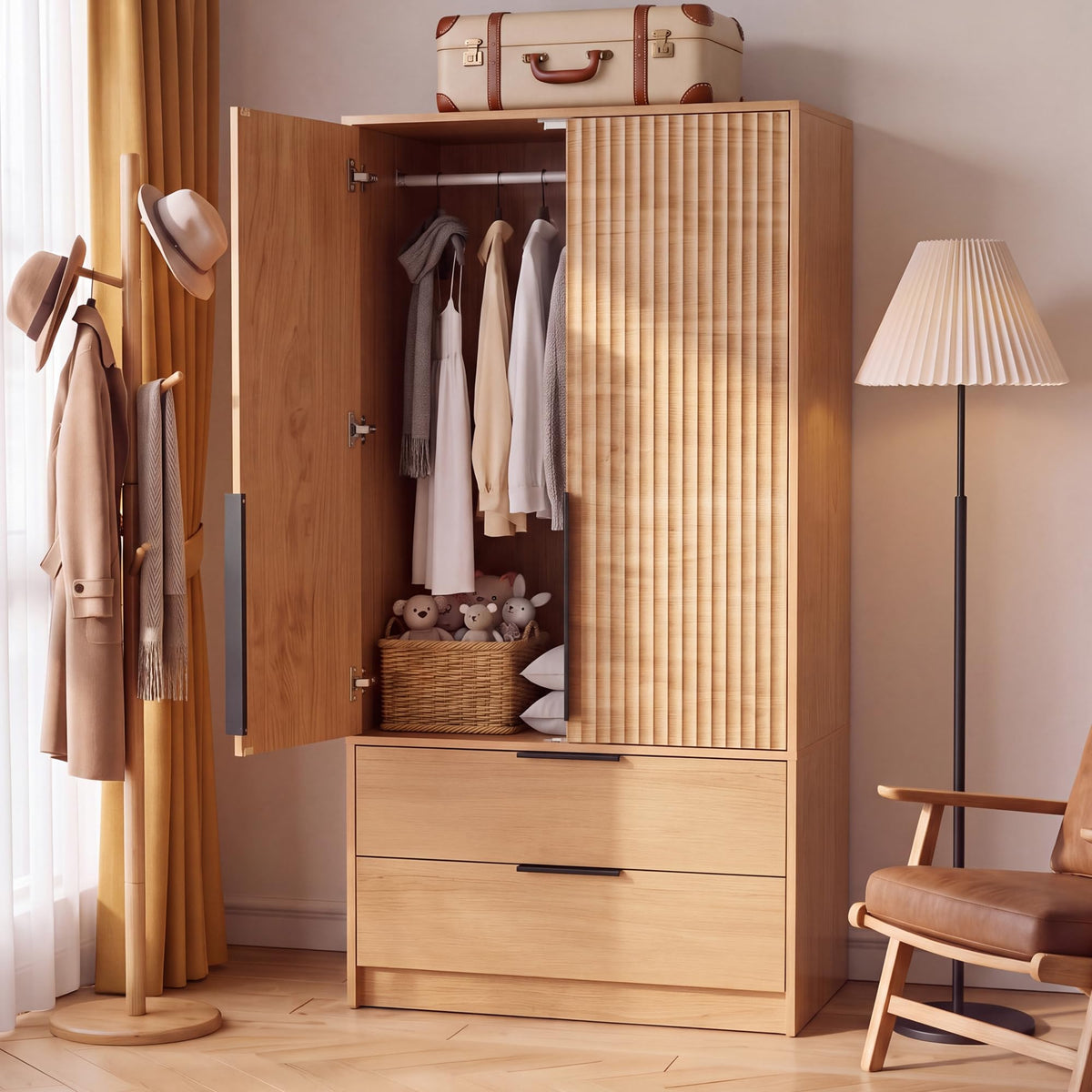 62.6"H Wooden Armoire Wardrobe Closet with Fluted Doors and Drawer, Natural