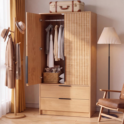 62.6"H Wooden Armoire Wardrobe Closet with Fluted Doors and Drawer, Natural
