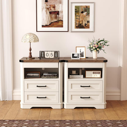 Yusong Farmhouse Night Stand with Gun Drawer & Invisible Lock, Rustic Wooden Night Stand with Charging Station, Beside Table with Drawers and Open Storage, End Tables for Bedroom, (White 004)