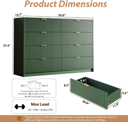 MAISONARIA 55" Wide Fluted 8-Drawer Double Dresser for Bedroom, Green