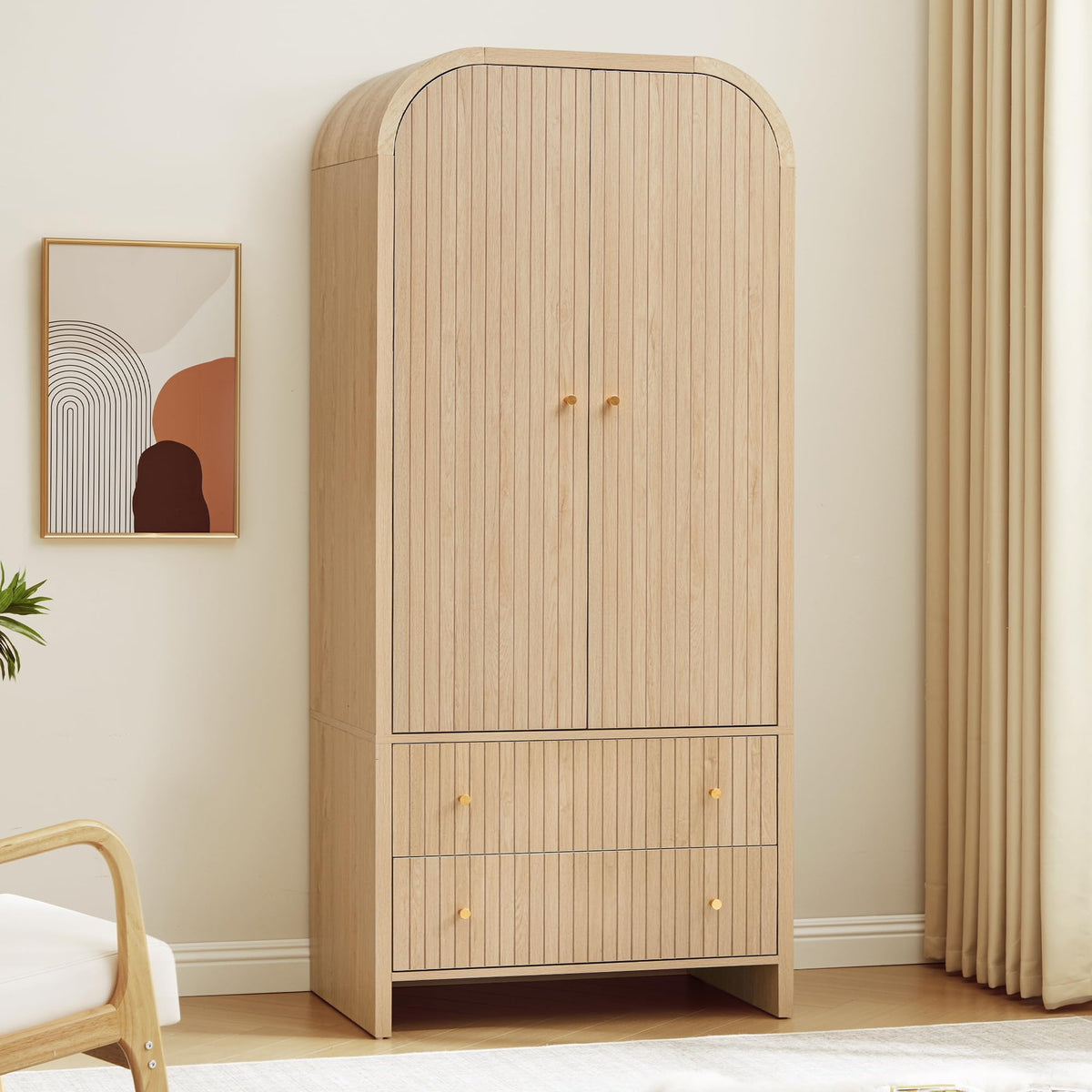 LEVNARY Arched Armoire Wardrobe Closet, Mid-Century Modern 2-Door Freestanding Wardrobe with Hanging Rod and 2 Drawers, Fluted Carved Clothing Storage Cabinet for Bedroom (Black)