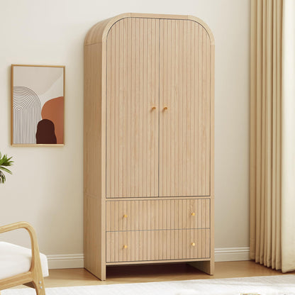 LEVNARY Arched Armoire Wardrobe Closet, Mid-Century Modern 2-Door Freestanding Wardrobe with Hanging Rod and 2 Drawers, Fluted Carved Clothing Storage Cabinet for Bedroom (Black)