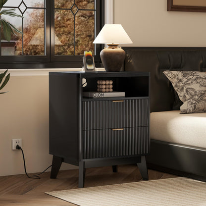 LYNCOHOME Fluted Nightstand with Charging Station, 19.7 inch Wide End Table with 2 Drawers, Modern Wood Bedside Table for Bedroom,Brown,1 Pcs