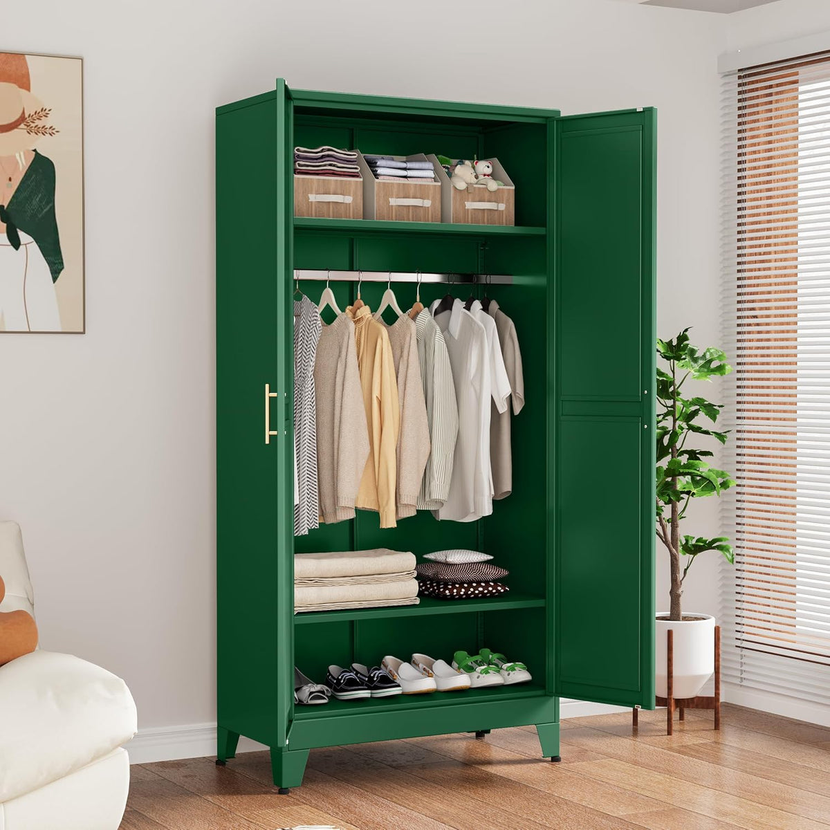 Ckzbx 71" H Metal Armoire Wardrobe Closet, Adjustable Shelve, Clothes Drying Pole, Steel Wardrobe Cabinet for Bedroom (Green)
