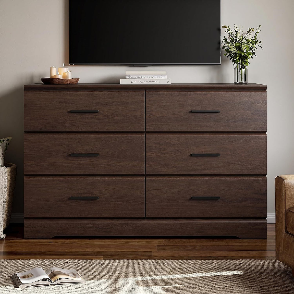 Jocoevol Brown 6 Drawer Dresser for Bedroom, Chest of Drawers with Silver Handle, Wood Storage Dresser with Deep Drawers for Bedroom, Living Room, Hallway Entryway (52.76 * 21.26 * 7.87 in)