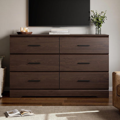 Jocoevol Brown 6 Drawer Dresser for Bedroom, Chest of Drawers with Silver Handle, Wood Storage Dresser with Deep Drawers for Bedroom, Living Room, Hallway Entryway (52.76 * 21.26 * 7.87 in)