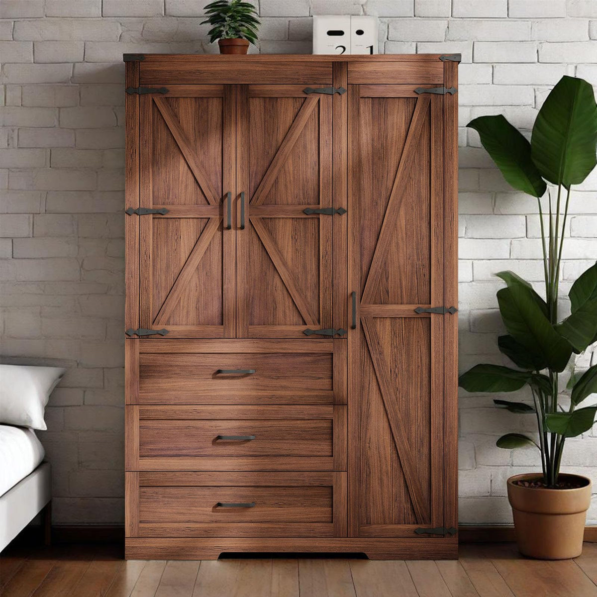 70" Tall Armoire Wardrobe Closet with 4 Doors & 3 Drawers, Farmhouse Bedroom Storage Cabinet with Hanging Rod, Freestanding Wooden Armoire Wardrobe Closet, Brown