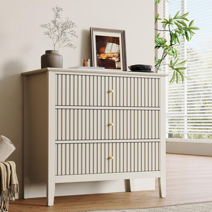 RoyalCraft 32" Large Nightstand Set of 2, Fluted Painted Bedside Table with 3 Spacious Drawers, Modern Tall End Table for Bedroom, Beige