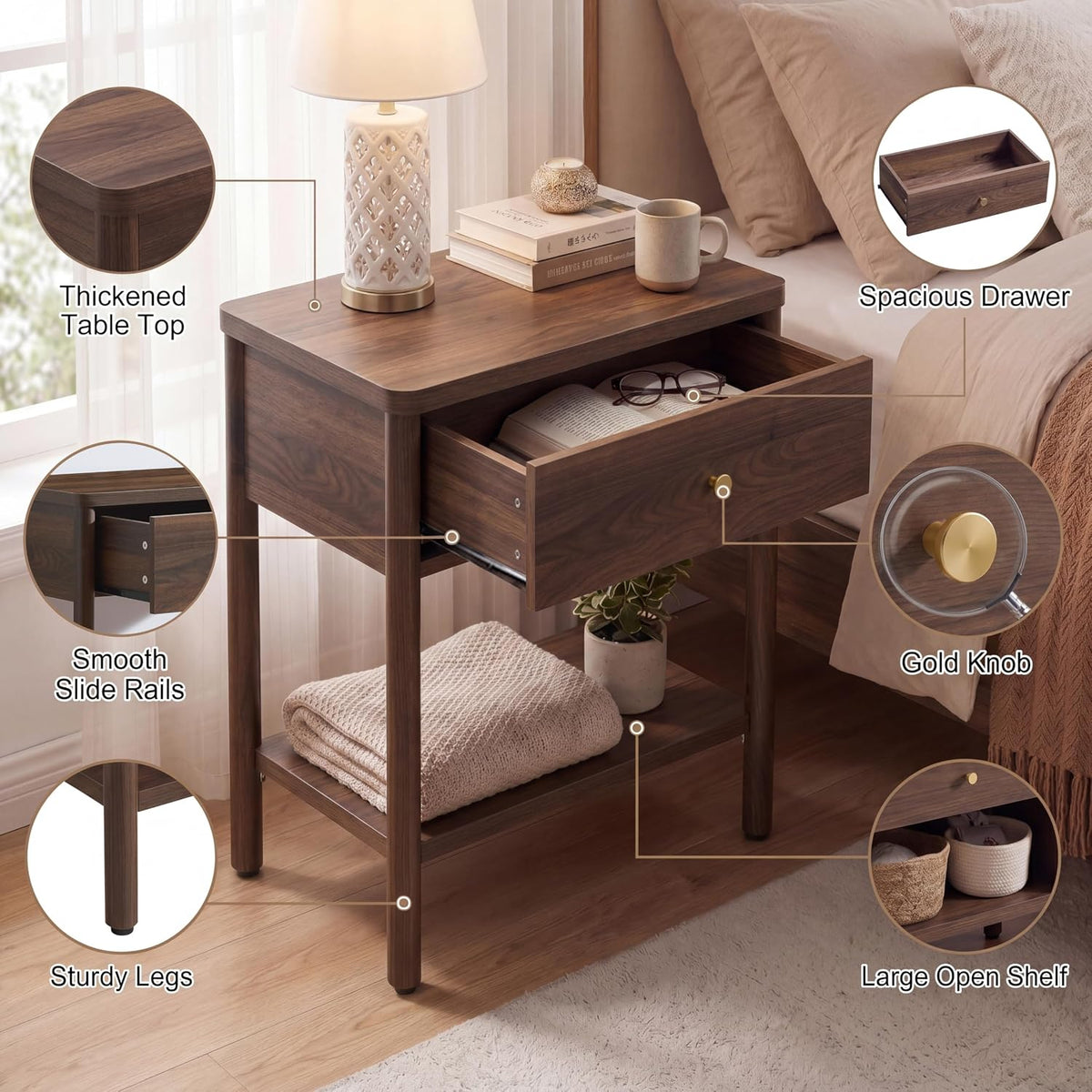VividVibe End Table with Drawer, Brown Walnut Nightstands Set 2 Bedside Table Large Side Table Bedroom Solid Wood Legs, Mid Century Modern Accent Night Stand