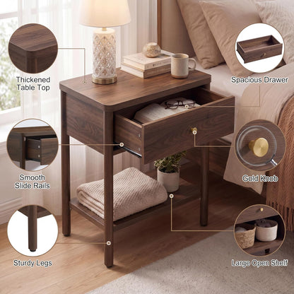 VividVibe End Table with Drawer, Brown Walnut Nightstands Set 2 Bedside Table Large Side Table Bedroom Solid Wood Legs, Mid Century Modern Accent Night Stand