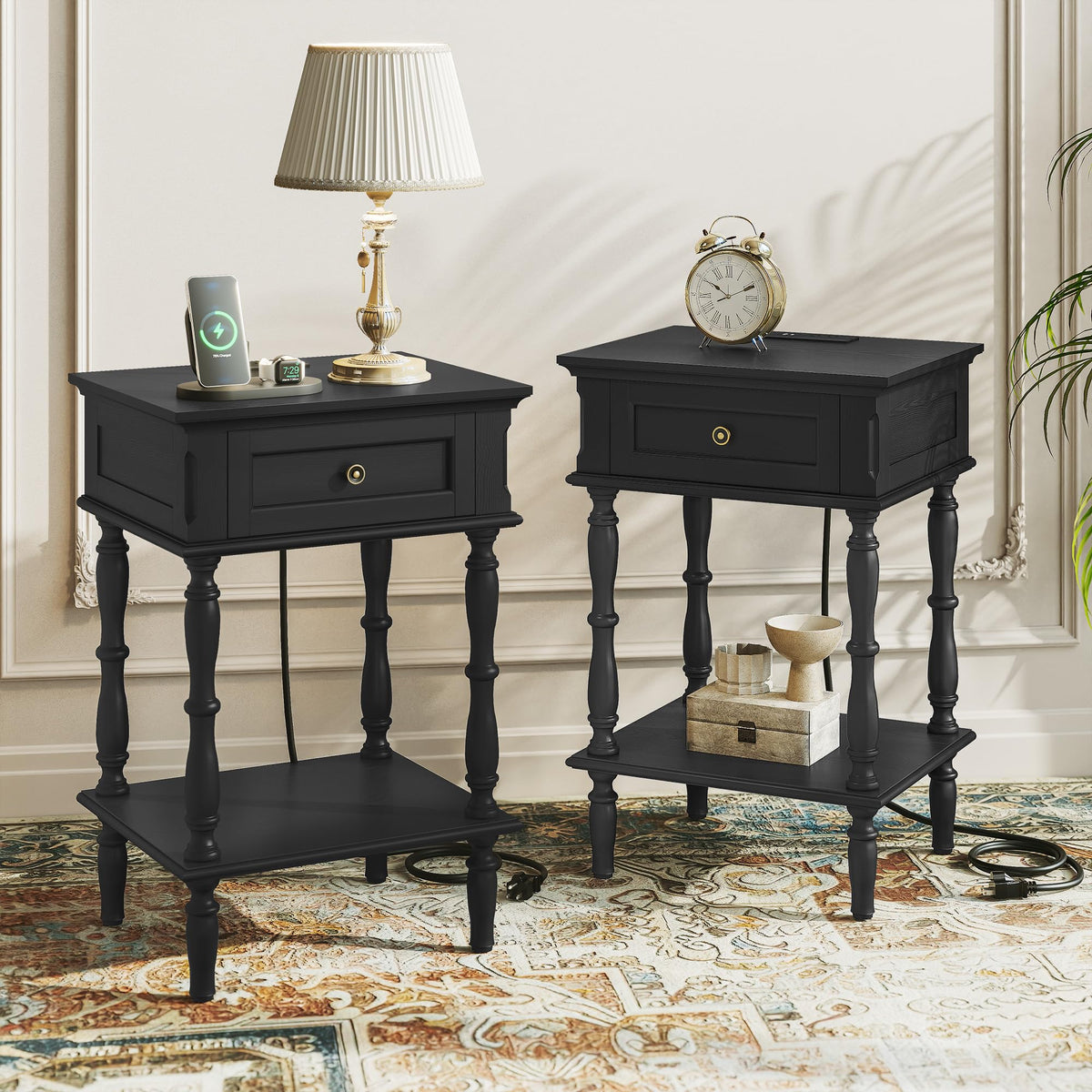 ARTPOWER Nightstands Set of 2 with Charging Station & Storage Shelf, Blue