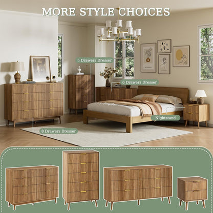 LYNSOM 55" Wide Fluted Dresser for Bedroom with 6 Drawer, Modern Chest of Drawers with Curved Profile Design and Metal Handles, Wood Dresser TV Stand & Storage Organizer for Living Room, Walnut