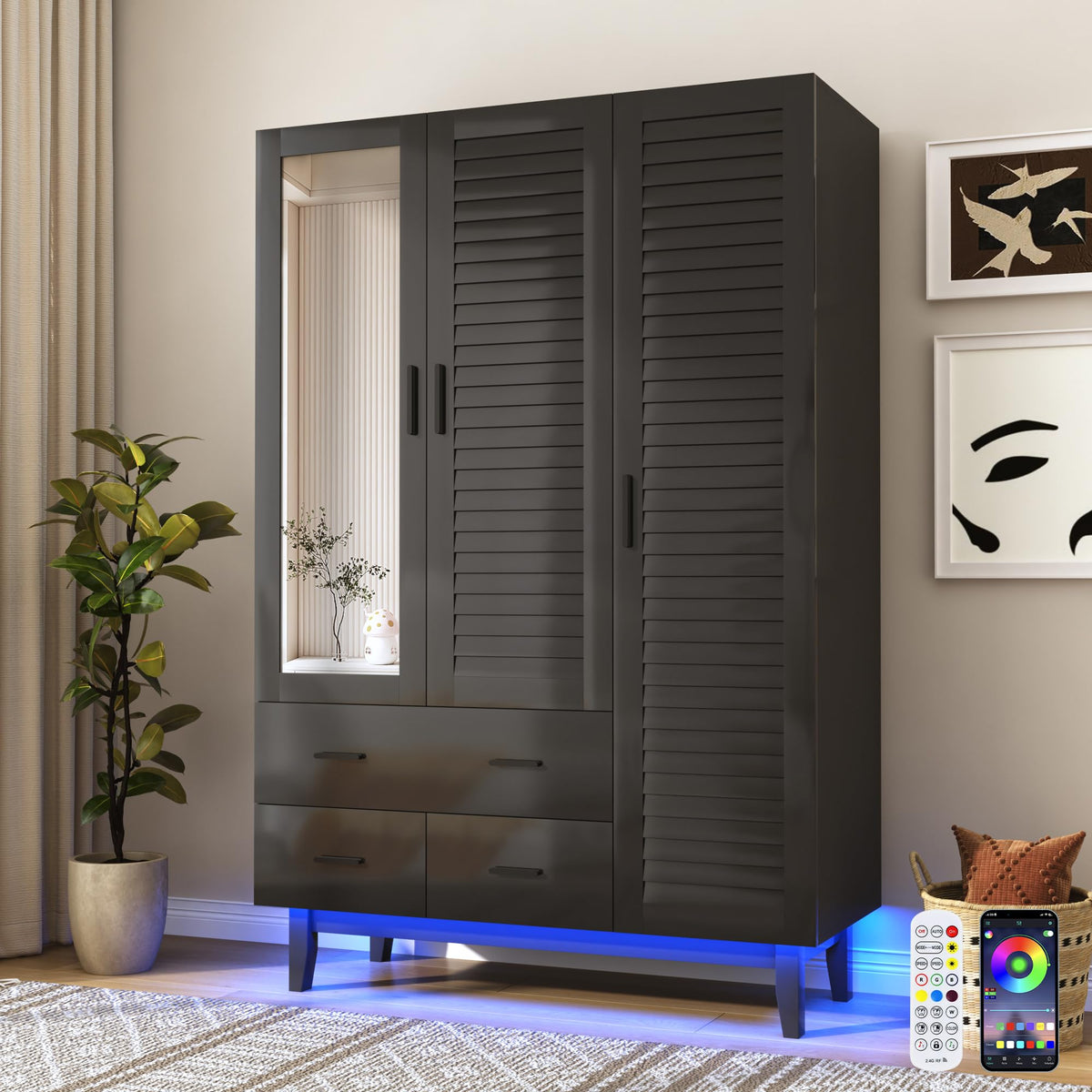jiteentarou 4 Door Armoire Wardrobe Closet Cabinet with Drawers and LED Lights, Multi-Tier Shelves, Hanging Rod & 4 Louver Doors, Large Capacity Storage Wardrobe Armoire for Bedroom(4 Doors White)