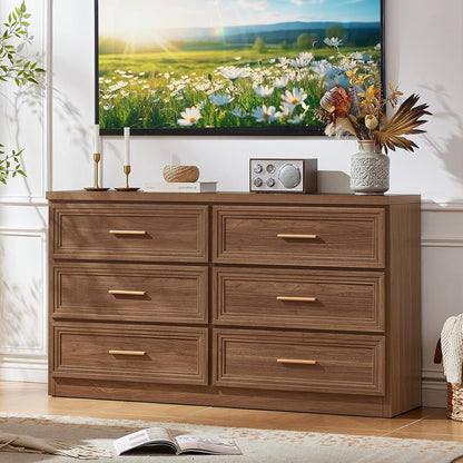 RWYHG 55.1" Wide Farmhouse 6 Drawers Dresser for Bedroom, Light Walnut