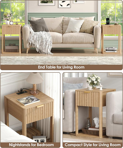 Akxomel Nightstand Set 2 with Charging Station Fluted Bedside Table Oak