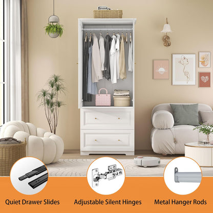 White Armoire Wardrobe Closet with 2 Drawers, 74" Tall x 32" Wide