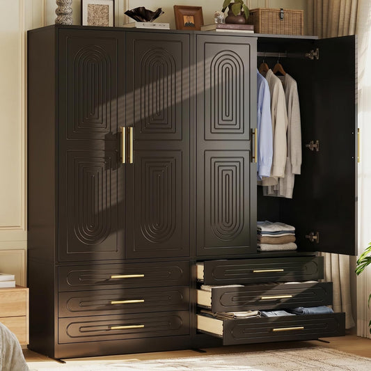4 Doors Armoire Wardrobe Closet with Drawer & Doors, 71 inch Tall Wardrobe