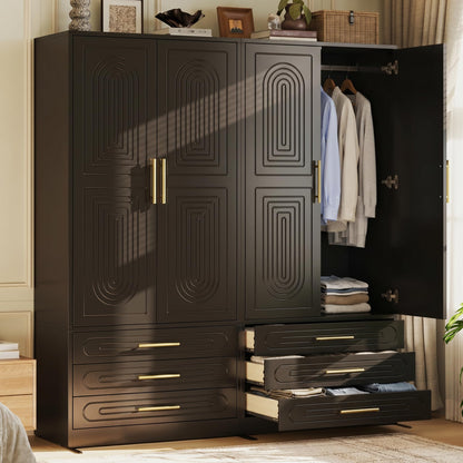 4 Doors Armoire Wardrobe Closet with Drawer & Doors, 71 inch Tall Wardrobe