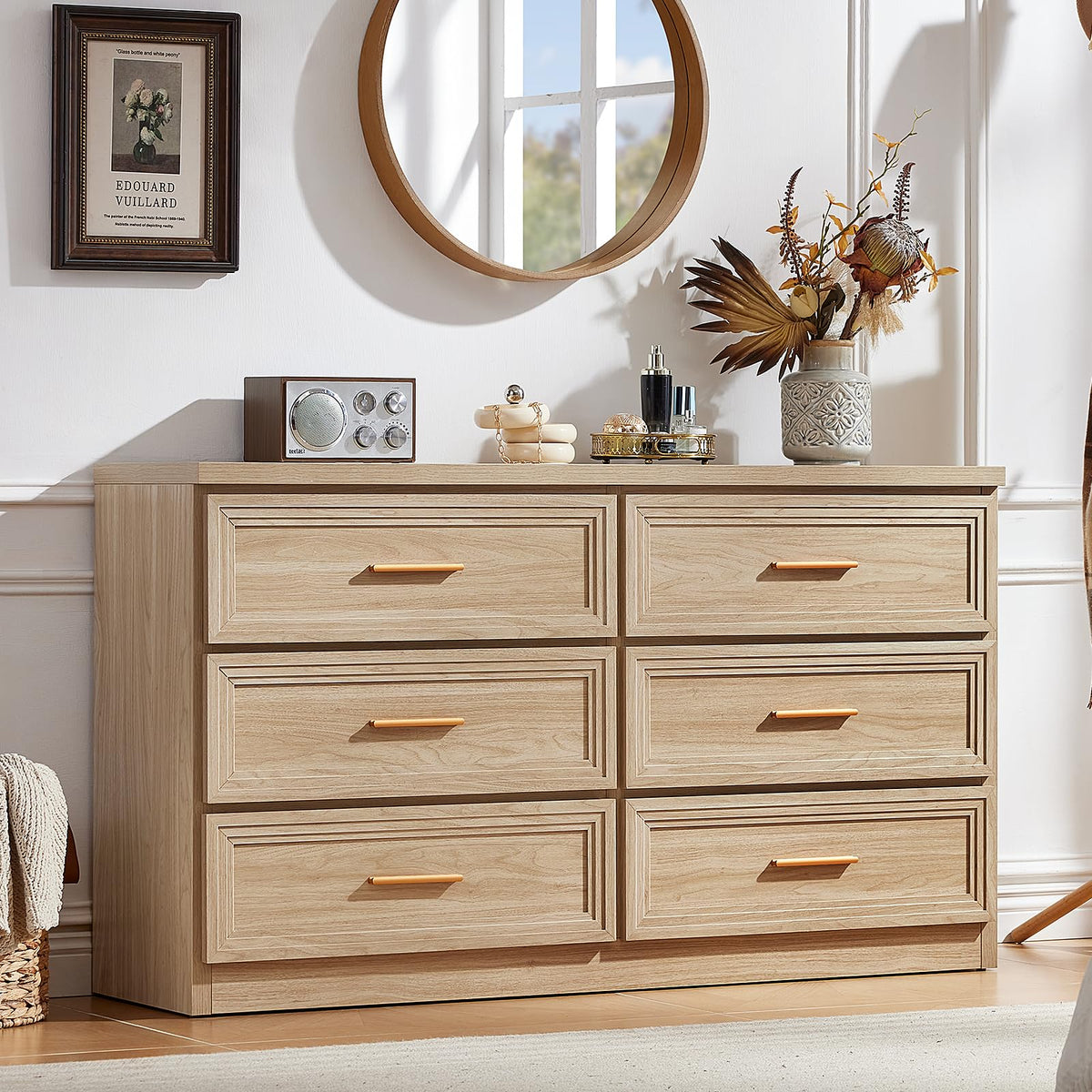 RWYHG 55.1" Wide Farmhouse 6 Drawers Dresser for Bedroom, Light Walnut