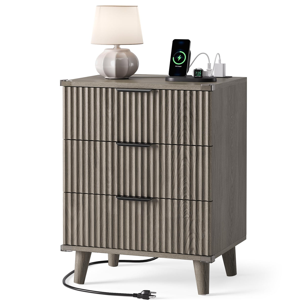 Night Stand Set 2, Fluted Wood Nightstands w/Charging Station for Bedroom
