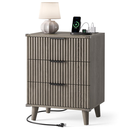 Night Stand Set 2, Fluted Wood Nightstands w/Charging Station for Bedroom