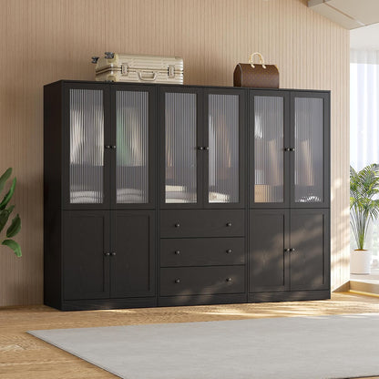 VOWNER 20“D Armoire Wardrobe Closet with Fluted Glass, 71" H Clothing Storage Cabinet with Hanging Rod, 4 Soft-Close Doors Wooden Wardrobe Cabinet for Bedroom, Large Capacity Storage Black(CCB)