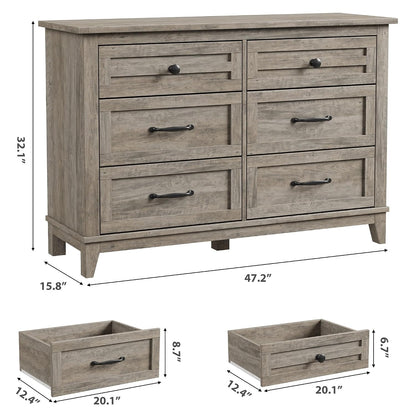 GarveeHome 6 Dresser for Bedroom, 47 in Wide Drawer Dresser with Storage Freestanding, Wooden Closet Storage Chest for Living Room, Bedroom, Entryway, Ash Grey