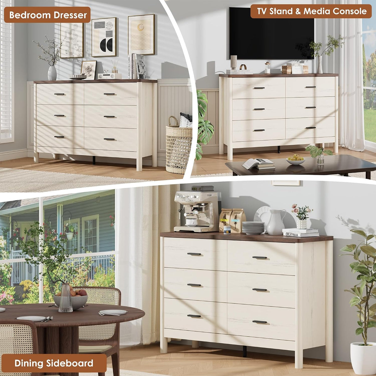 Garvee 6 Drawer Dresser, Wooden Storage Chest of Drawers, White & Brown