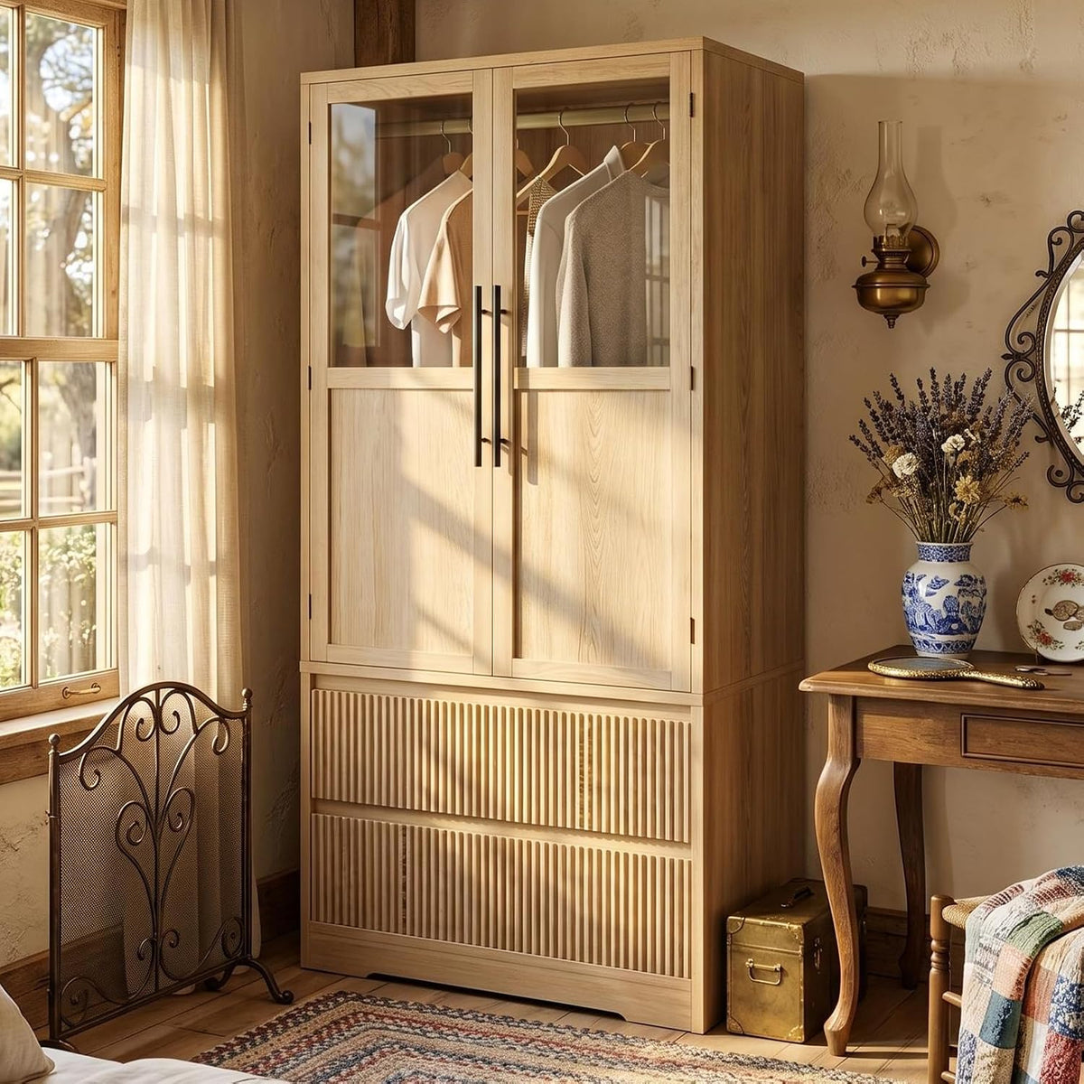IDEALHOUSE 2 Fluted Drawer Armoire Wardrobe Closet with Glass Door, Farmhouse Freestanding Wooden Armoire Closet w/Hanging Rod, Storage Shelf, Clothing Storage Cabinet, Sturdy, for Bedroom, Natural