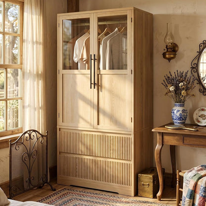 IDEALHOUSE 2 Fluted Drawer Armoire Wardrobe Closet with Glass Door, Farmhouse Freestanding Wooden Armoire Closet w/Hanging Rod, Storage Shelf, Clothing Storage Cabinet, Sturdy, for Bedroom, Natural