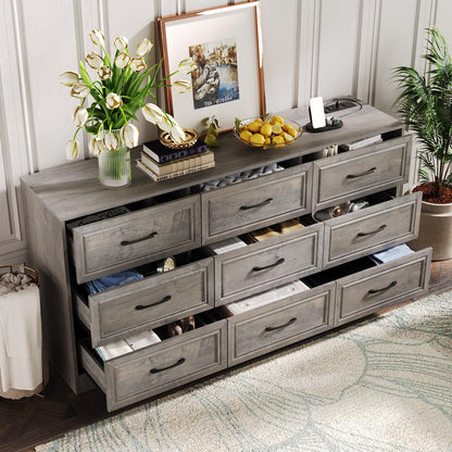 Fameill Dresser for Bedroom, 6 Drawer Wide Dresser Organizer with Charging Station, Tall Dresser for Hallway, Wood Dresser with Metal Handles, Ash Grey