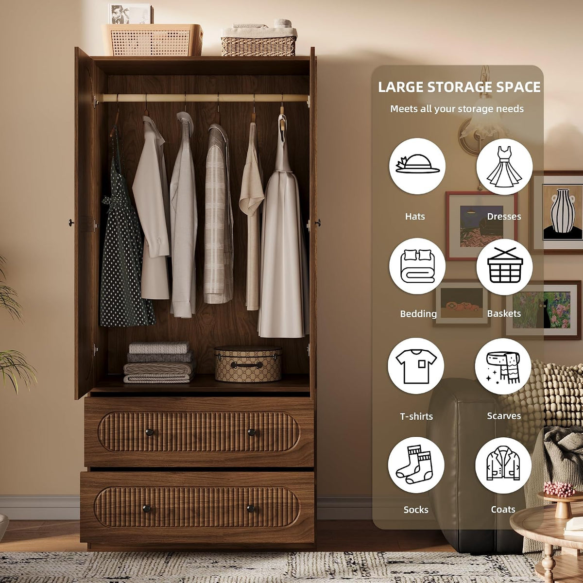 TOKSOM 2 Doors Freestanding Armoire Wardrobe Closet, 68.8" Wardrobe Armoire Wooden Closet Large Capacity Storage with 2 Drawers & 1 Hanging Rod Shelf Clothes Organizer Walnut 1PC
