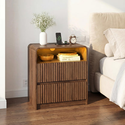 Seang Nightstand Set of 2,Fluted Nightstand with Charging Station,Wooden Bedside Table with Curved Profile Design,3 Drawers Storage,Large End Table for Bedroom,Walnut.