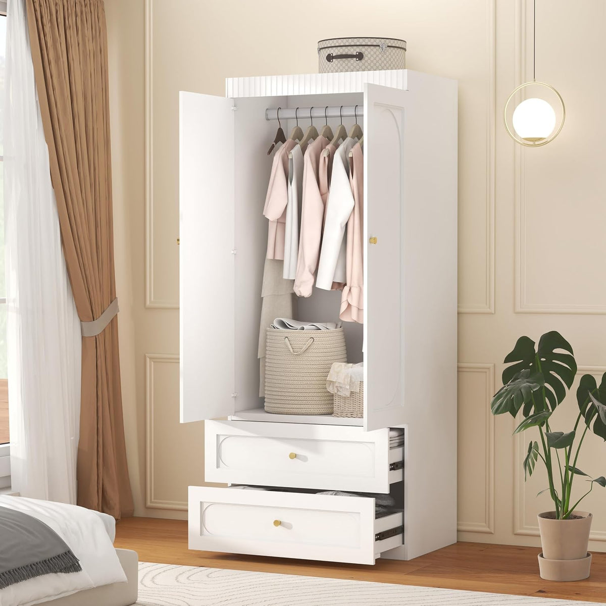 White Wooden Wardrobe Closet with 2 Doors, 75" Tall x 32" Wide