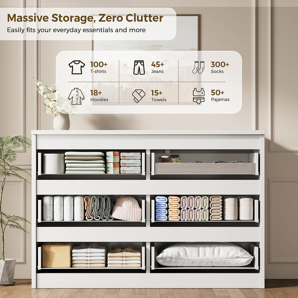 Jocoevol 6 Drawer Fluted Dresser, Modern Chest of Drawers for Bedroom with Hidden Handles, Wood Storage Organizer Cabinet for Living Room & Entryway, White (15.7" D x 47.3" W x 31.6" H)