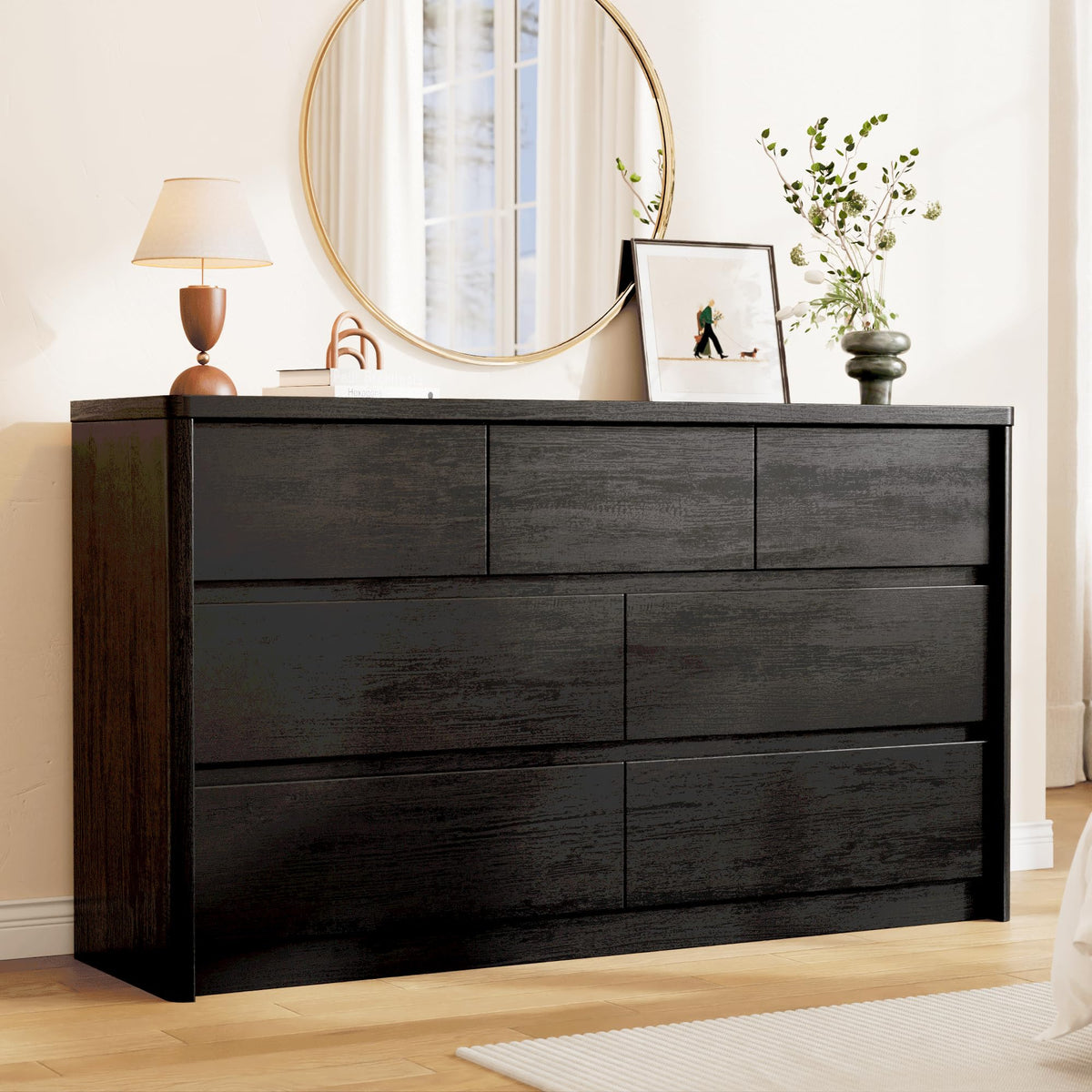 Walnut Dresser for Bedroom, 5 Drawer Dresser with Wood Legs, 47.2" Tall Wood Dresser, Mid Century Modern Chest of Drawers, Large Storage Bedroom Furniture, Walnut