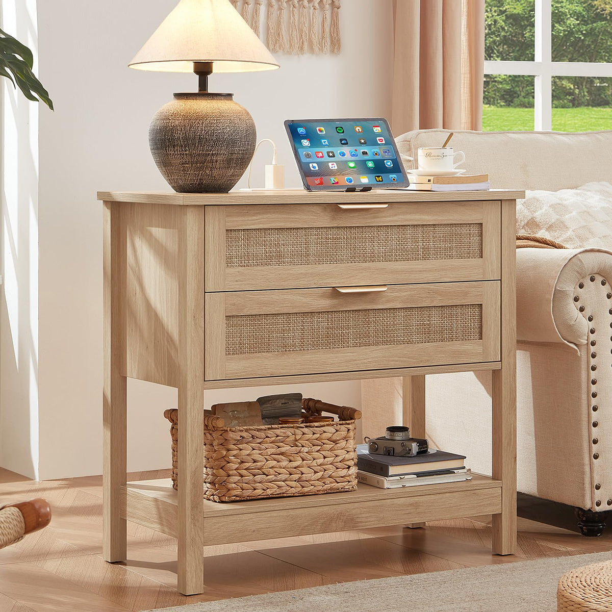 LEYAOYAO 26.8" Wide Rattan Nightstand, Large Boho 3 Drawer Night Stand