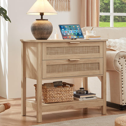 LEYAOYAO 26.8" Wide Rattan Nightstand, Large Boho 3 Drawer Night Stand