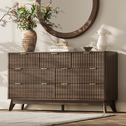 63" Wide Fluted 9 Drawers Dresser for Bedroom,Curved Edge,Oak