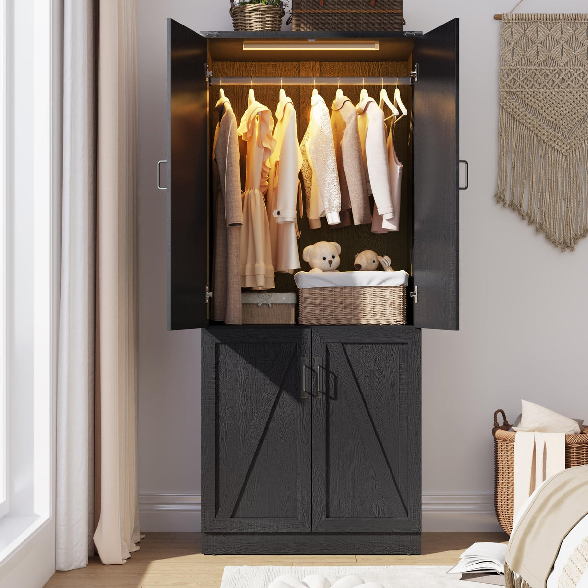 75" Tall Farmhouse 2 Doors Armoire Wardrobe Closet with 3 Drawers and LED,Freestanding Closet Wardrobe Cabinet for Bedroom with Hanging Rod,Wooden Armoire Storage Cabinet with Adjustable shelve(Black)